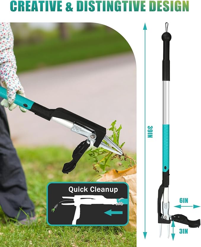 Breeze Touch Stand Up Weed Puller 39" with 4-Claw Hardened Steel Head, Heavy Duty Long Handle Weed Removal Tool for Lawn & Garden, Removes Deep-Root Weeds Like Dandelion & Crabgrass