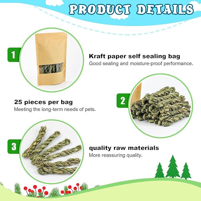 matafat 25pcs Rabbit Timothy Hay Toy for Bunny Small Animal Treats Natural Grass Stick Chew Toys Snacks Molar Teeth Grinding for Guinea Pigs Chinchillas Hamsters