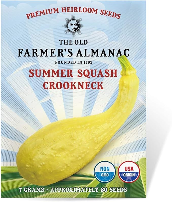 The Old Farmer's Almanac Heirloom Summer Squash Seeds (Yellow Crookneck) - Approx 70 Seeds - Non-GMO, Open Pollinated, USA Origin