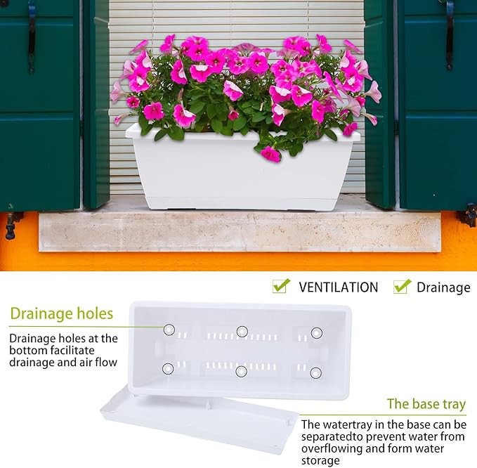 CHUKEMAOYI Window Box Planter, 7 Pack Plastic Vegetable Flower Planters Boxes 17 Inches Rectangular Flower Pots with Saucers for Indoor Outdoor Garden, Patio, Home Decor (White)