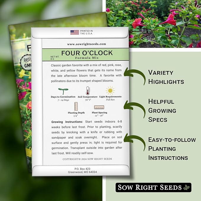 Sow Right Seeds - Four O’Clock Formula Mix Flower Seeds for Planting - Annual Plant with Sweet Essence - Non-GMO Heirloom Packet with Instructions to Plant a Home Garden - Marvel of Peru (1)