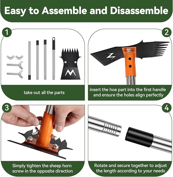 4-in-1 Weeding Tool with Hoe, Grabber, Pruning Shears & Scrub Brush,Garden Hoe & Weed Puller Tool with Long Handle,Dandelion Heavy Duty Uprooting Tool for Lawn Yard Garden