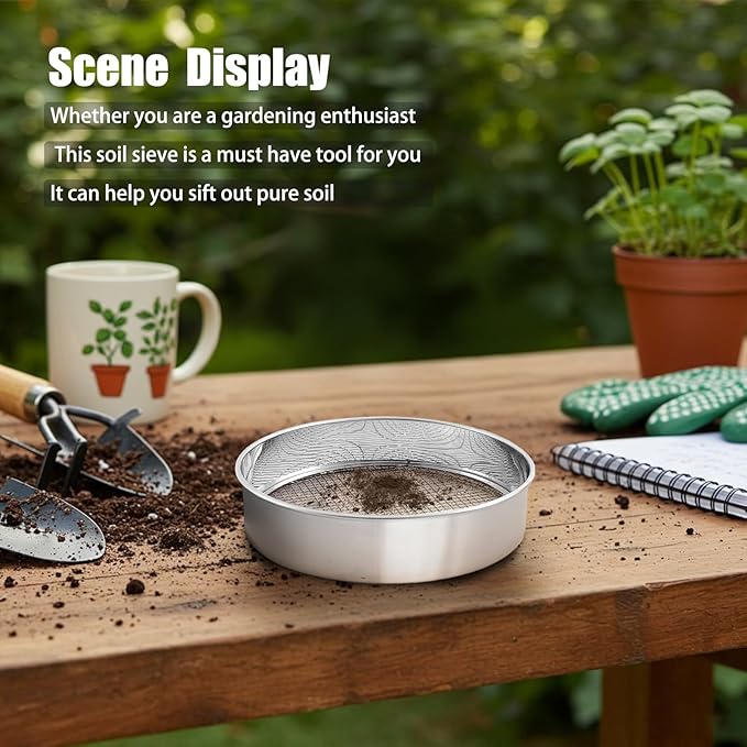 Shimeyao 3 Pcs Soil Sifter Set with 9 Pcs Sieve Meshes 1/2/3/5/6/8/9/10/12 mm Interchangeable Sand Screen Stainless Steel Riddle for Gardening, Garden Sieve for Rock, Sand, Soil, Compost