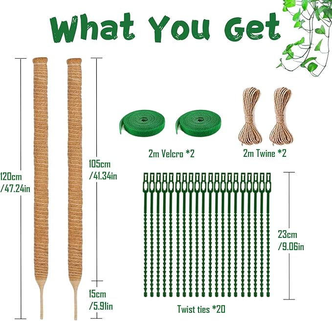 2 Pack 47.24 Inch Bendable Moss Pole for Monstera - 120cm Plant Support Moss Sticks Stakes for Climbing Indoor Plants, Pothos & Philodendron - Coir/Coco Plant Trellis for Potted Climbers & Houseplants
