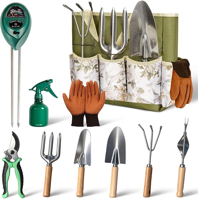 Garden Tool Set,10 Pcs Heavy Duty Gardening Hand Tools Set with Soil Moisture Meter and Storage Tote Bag,Rust-Proof Garden Supplies Kit for Planting,Ideal Gardening Gifts for Women