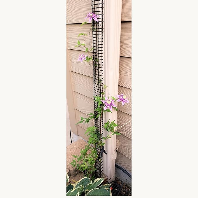Downspout Trellis for Rain Gutters and Downspouts 9 ft x 4 in Climbing Plant Support HDPE Mesh with Mounting Hardware for Clematis and Vines, Scroll Trellis 1-Pack
