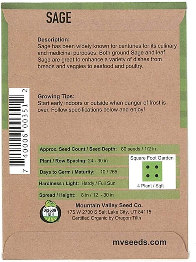 Organic Sage Seeds - 500 mg Packet - Non-GMO Herb Garden Seeds - Culinary Sage for Cooking - Perennial Gardening