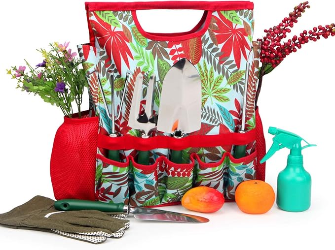 9-piece Garden Tools Set with Gloves and Floral Tote Bag - Gardening Hand Tools Kit with Storage Bag, Gifts for Women