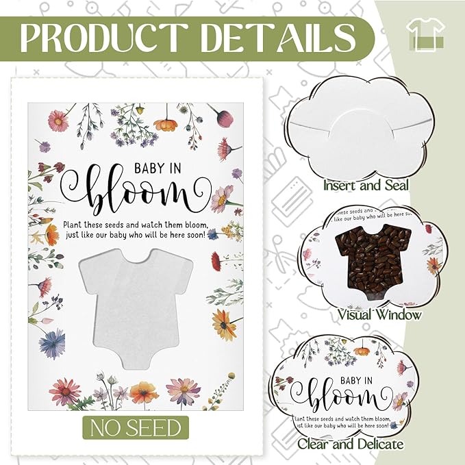 Fumete 50 Pack Clothes Style Baby in Bloom Baby Shower Favor for Guest Wildflower Seeds Packets Party Favor with Love Window Wildflower Seed Envelopes for Wedding Party Gender Reveal