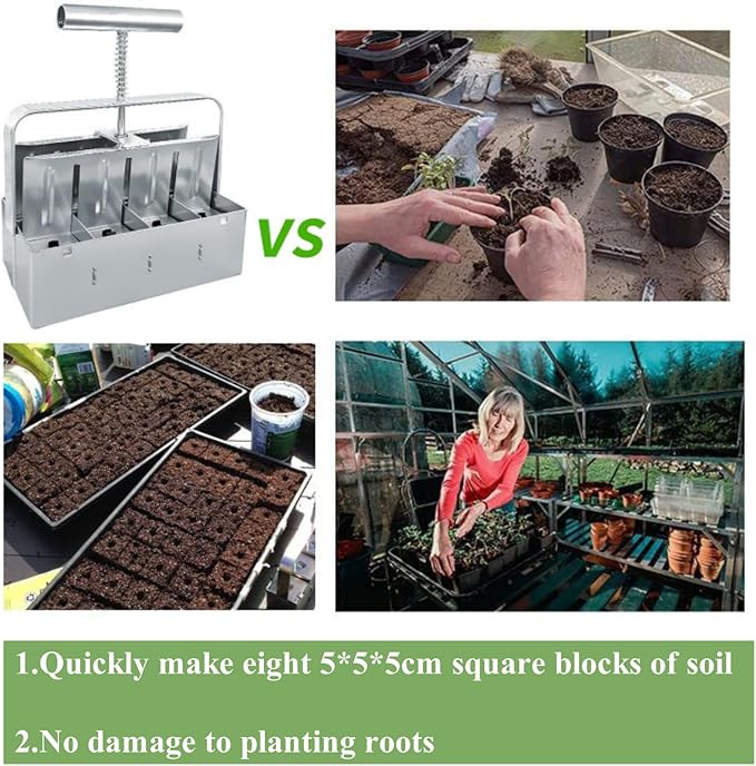 Soil Blocker with A Seedling Tray 8 Cell 2 Inch Soil Block Maker Handheld Block Maker with 3 Sizes Seed Pins Garden Blocking Tools for Seedings, Cuttings, Greenhouses