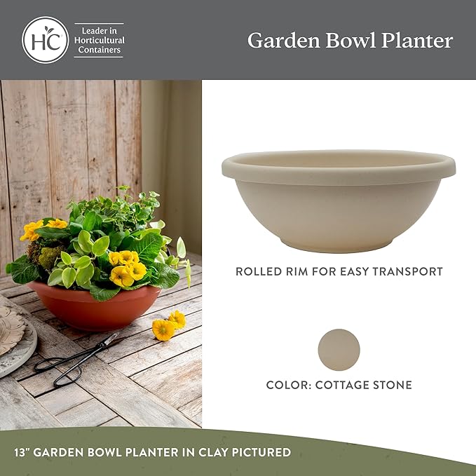 The HC Companies Shallow Planter with Drainage - Contemporary Garden Bowl Planter for Flowers, Herbs & More - Round Succulent Planter Pot for Indoors and Outdoors (15.5" Cottage Stone, Pack of 1)