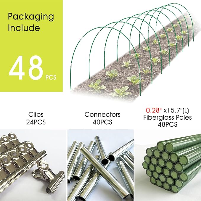 RIFNY 48 PCS Garden Hoops for Raised Beds, Greenhouse Hoops Kit Long Grow Tunnel for Row Cover, Rust-Free Fiberglass Garden Support Poles for Insect Mesh Netting Freeze Plant Cover (Green)