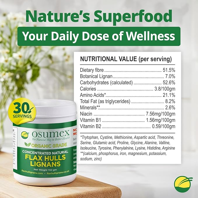 Osumex Flax Seed Hull Powder 150g - Flax Seeds Organic High in Lignan SDG for Digestion, Natural Concentrate Flaxseed Shells Only No Flaxseed Oil or Seeds Added, Smoothie Seeds for Daily Nutrition