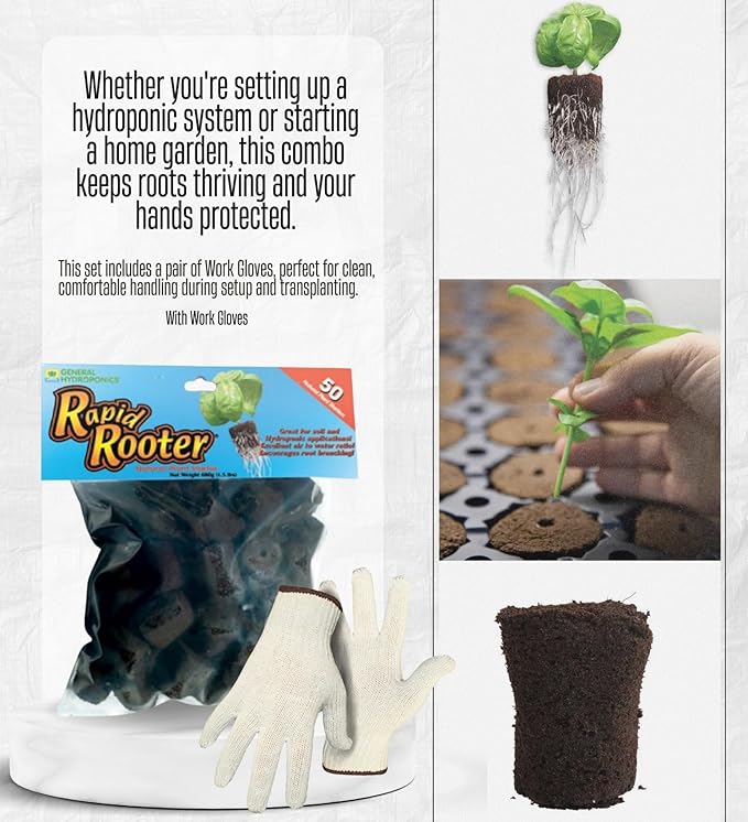 2x General Hydroponics Rapid Rooter Seed Starting Grow Plugs Bundle with Work Gloves – Supports Early Root Growth with Balanced Air-Water Plug Matrix for Cloning and Seed Starting – Gift Set (3 Items)