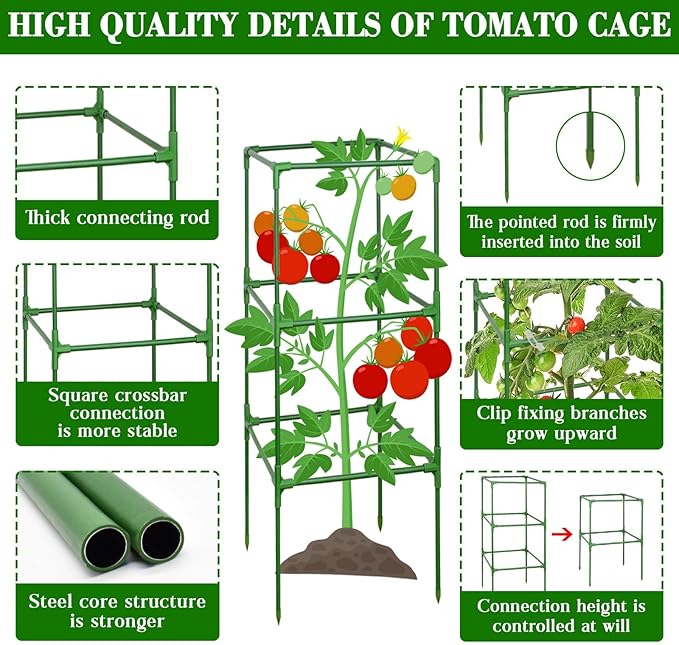ZeeDix 45 Inch Tomato Cages 2 Pack, Heavy Duty Adjustable Metal Garden Plant Supports for Climbing Vegetables - Square Cage for Tomatoes, Cucumbers, Peas, Flowers with 20 Plant Clips