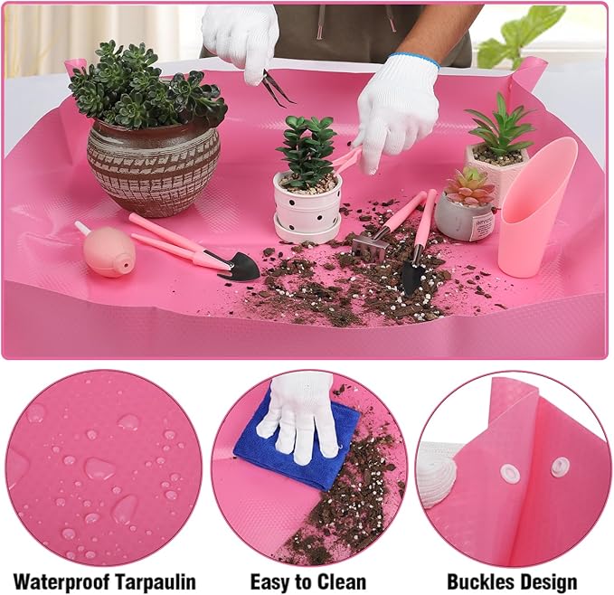 4pcs Small Gardening Tools Gifts for Women Beginners - Garden Hand Tools Set for Indoor Succulent Bonsai Plants Transplanting, Included Bag/Repotting Mat/Shovel/Labels, Pink