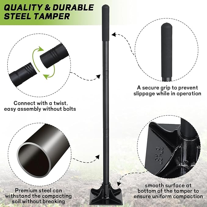 Tamper Tool Heavy Duty, 8x8 Inch Hand Steel Tamper Tool with 59 Inch Handle, Garden Ground Tamper for Leveling Soil, Gravel, Asphalt, Driveway