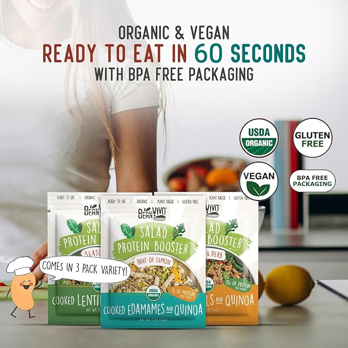 BeanVIVO - Variety 6 Pack Salad Protein Boosters - Seasoned, Garlic & Herbs, Edamame - Delivering a burst of taste and 10g of protein-packed goodness in every pouch 5oz pouches each