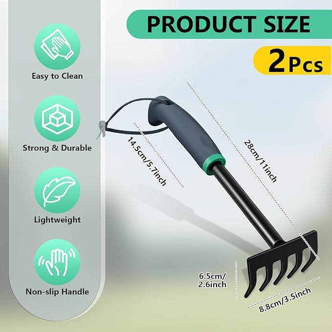 2 Pcs Gardening Hand Rake Small Garden Rake Stainless Steel with Ergonomic Handle Great for Gardening Cultivating Loosening Soil Spreading Raking Flower Beds