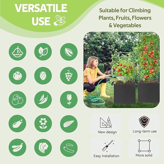 3 Pack Tomato Cages with 17 Gallon Grow Bags - 48 Inch Square Plant Support Trellis Tomato Planter Pots Kit - Garden Stakes for Vertical Climbing Plants Vegetable Flower Fruit Outdoor Indoor