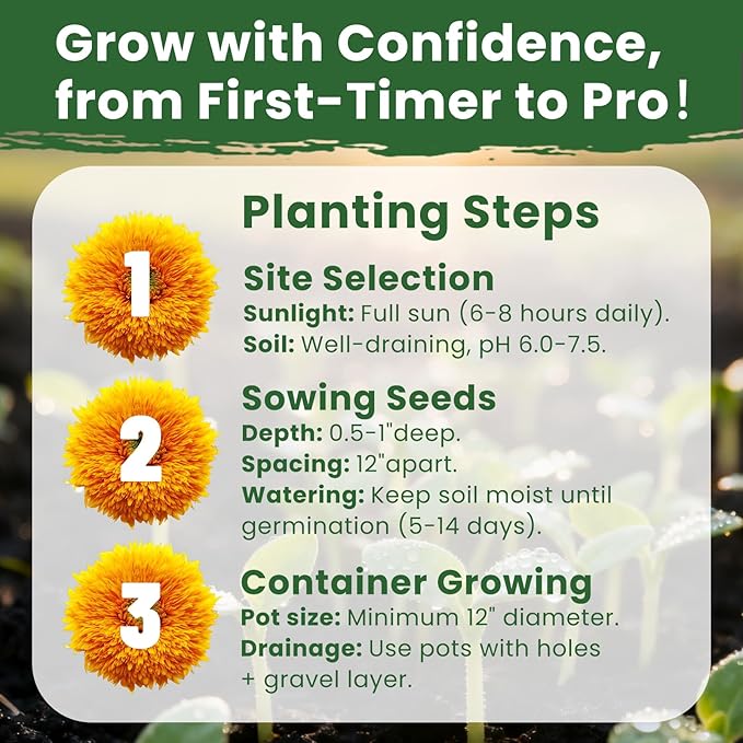 800+ Giant Teddy Bear Sunflower Seeds – Fluffy Double Yellow Petals – Extra Large Blooms – Non-GMO, Open Pollinated, Easy to Grow for Outdoor Garden