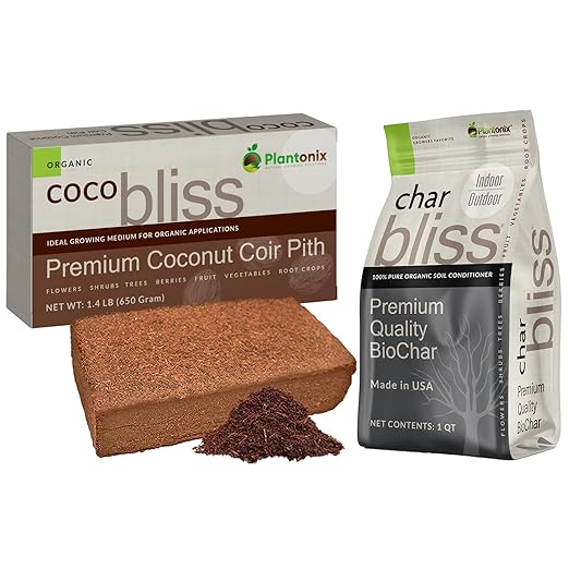 Coco Coir Brick (650gms) + Char Bliss (1 Qt) - Coco Coir Brick & Organic Biochar for Plants - Organic Coco Coir for Plants - Biochar Soil Amendment - Charcoal for Plants - Garden Soil Potting Mix