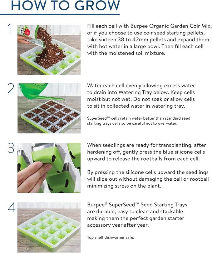 Burpee SuperSeed Seed Starting Tray | 16 XL Cell | Reusable & Dishwasher Safe | for Starting Vegetable Seeds, Flower Seeds & Herb Seeds | Indoor Grow Kit for Deep-Rooted Seedlings, Green