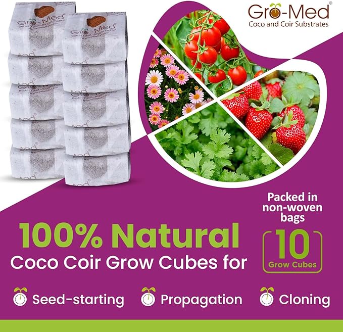 Gro-Med Coco Coir Seed Starter Cubes NPK Enriched for Herbs, Flowers, Vegetables organic Coco 4 Inch Plugs Perfect for Cloning, Cuttings, Propagation - 10 Cubes- Best Alternative to Peatmoss, Rockwool