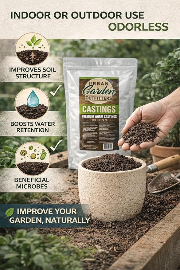 Premium Worm Castings - 100% Natural Soil Builder & Fertilizer for Gardens, Houseplants & Flower Beds - Odor-Free, Beneficial Microbes, Resealable Bag (7lb)