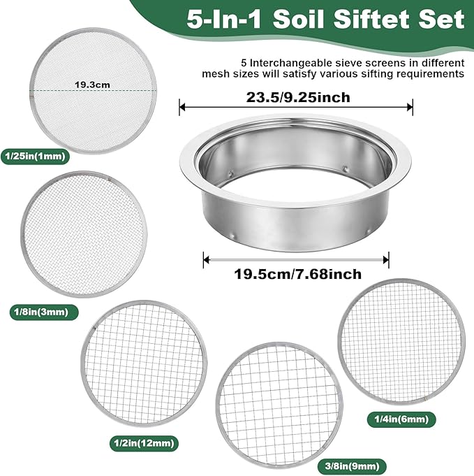 7 Pcs Soil Sifter Set Stainless Steel Riddle Sieve Set for Gardening with 5 Sizes 7.68" Diameter 1/3/6/9/12mm Interchangeable Meshes - Garden Potting Sieves with Shovel - Planting Soil Sifters Strains