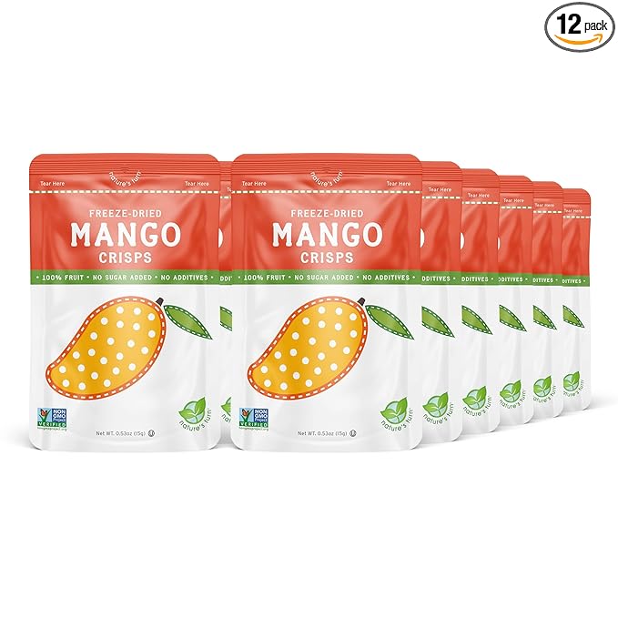 Nature’s Turn Freeze-Dried Mango Crisps – Healthy, Gluten-Free, Crispy & Delicious, Plant-Based Snack, Ideal for Cereal, Smoothies, School Lunches, & On-the-Go, Bags of 12 (0.53 oz Each)