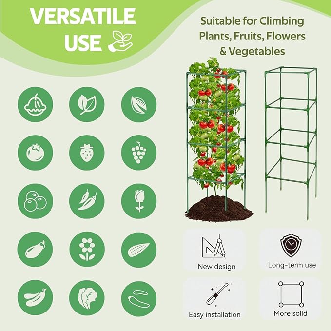 3 Pack Tomato Cages for Garden - 48" Square Tomato Cage for Pots & Raised Garden Bed - Heavy Duty Tall Tomatoes Trellis Plant Stakes Support for Vertical Climbing Plants Vegetables & Flowers