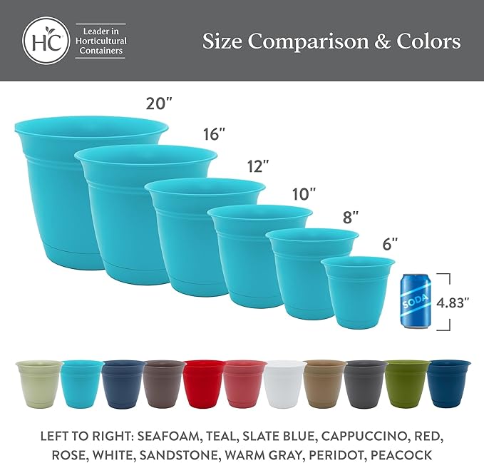 The HC Companies 8 Inch Eclipse Round Planter Pots with Drainage Holes & Attached Saucer, Lightweight UV-Resistant Plastic Indoor & Outdoor Planters, 6-Pack Flower Pots for Garden & Home Decor, White