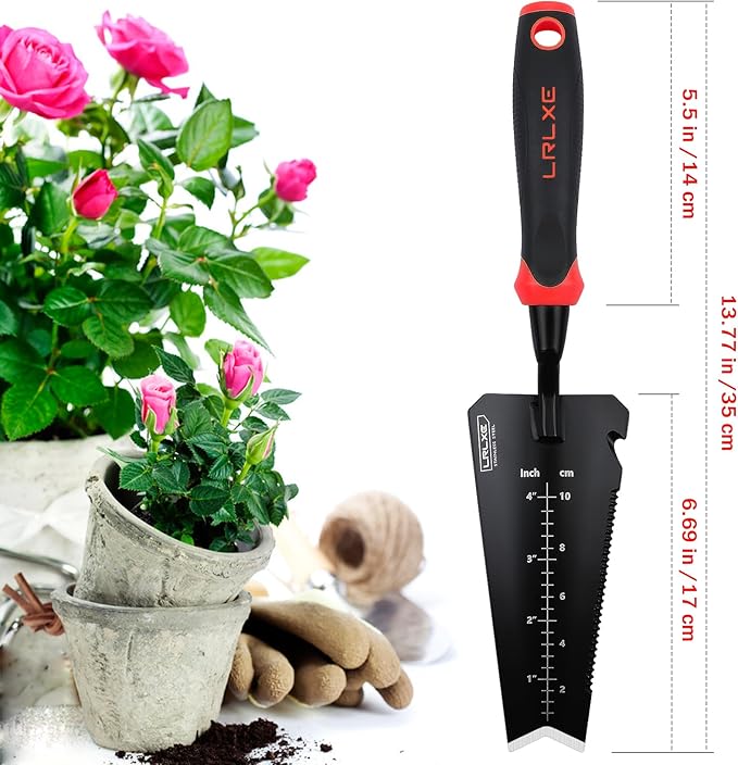 Heavy Duty Stainless Steel Garden Trowel, Serrated Edge Root Cutter, All-Purpose Hand Shovel Ideal for Digging, Weeding, Transplanting, Planting Bulbs and Soil Scooping (Red)