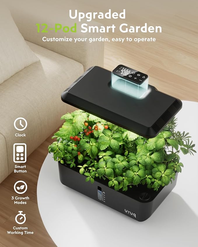 Indoor Hydroponics Growing System Kit 12 Pods Gardening System Herb Garden Custom Time with LED Grow Light Height Adjustable Quiet Plants Germination Kit - Gardening Gifts for Women Men Black