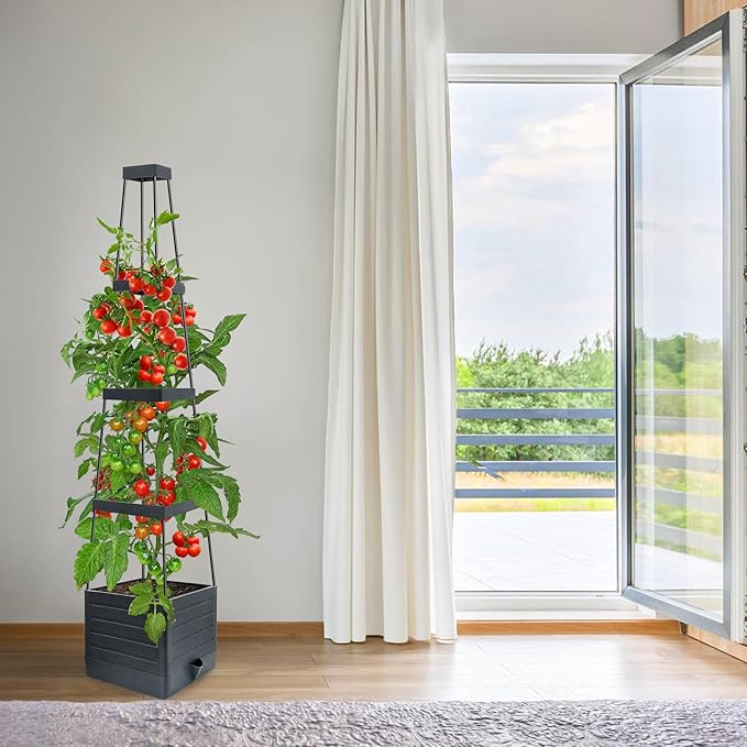 MYMULIKE Self-Watering Garden Bed, Raised Garden Bed Planter Box Outdoor, 58” Tomato Cage Planter for Vegetables, Flowers, Herbs, and Fruit, Outdoor Indoor,5 Gallon Capacity