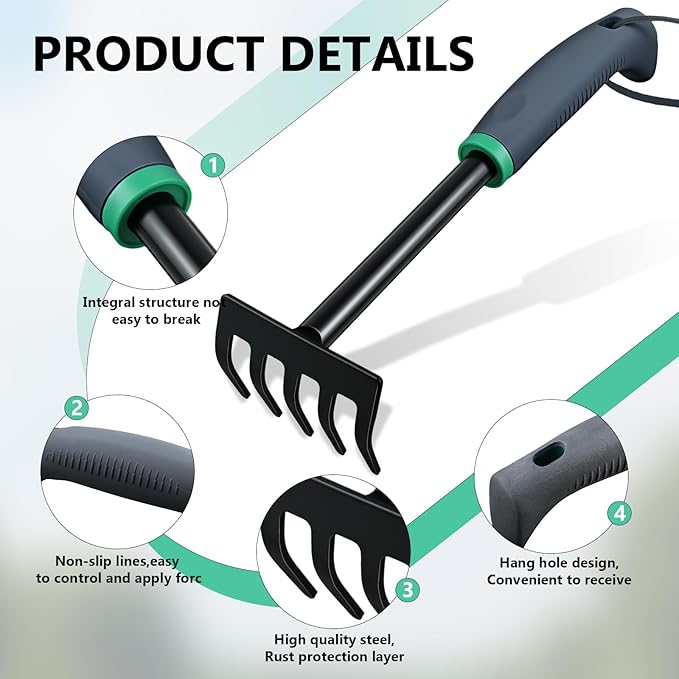 2 Pcs Gardening Hand Rake Small Garden Rake Stainless Steel with Ergonomic Handle Great for Gardening Cultivating Loosening Soil Spreading Raking Flower Beds