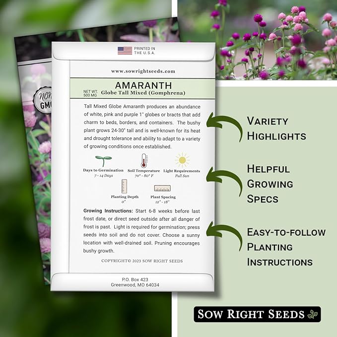 Sow Right Seeds - Tall Mixed Globe Amaranth Seeds for Planting - Non-GMO Heirloom Packet with Instructions to Grow an Outdoor Home Flower Garden - Gomphrena Pompom Flowers in Red, Pink, White (4)