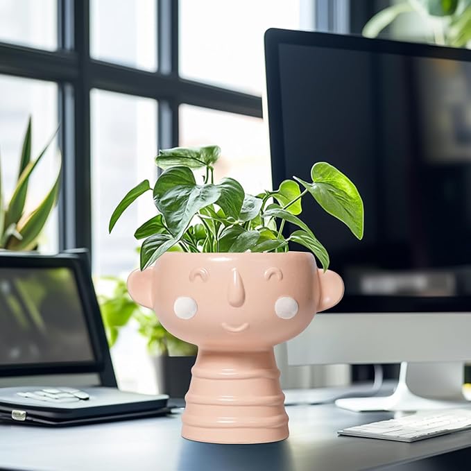 Face Planter Pots Head 7 Inch - Ceramic Face Pot for Plants Indoor Outdoor, Cute Decorative Plant Pots with Drainage Hole, Succulent Planters, Living Room Decor, Valentine Gifts, Matte Pink