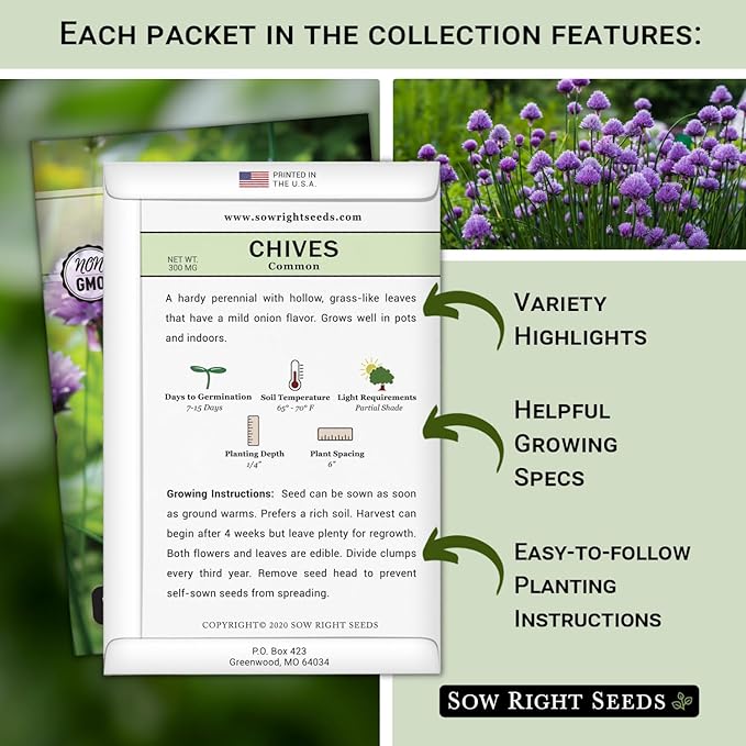 Sow Right Seeds - 5 Herb Seed Collection for Planting - Genovese Basil, Chives, Cilantro, Italian Parsley, and Dill to Plant and Grow a Home Vegetable Garden - Fresh Assortment Herbal Variety Pack