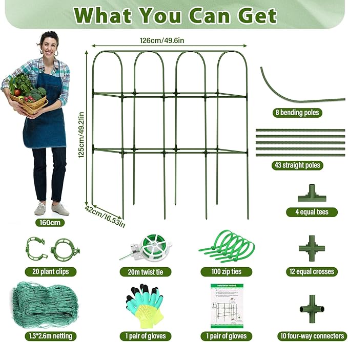 Cucumber Trellis for Garden, Upgrade U-Shaped Metal Garden Trellis Plant Grow Support Frame for Climbing Plants Vegetable Flower Fruits Vine Raised Bed with Netting, Instruction, Garden Tools, Green