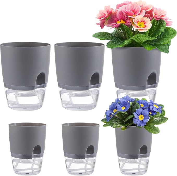 Aulock 6 pcs Self Watering Plant Pots - 4.1/3.2 in Plastic Planter with Drainage Holes, Flower Pots for African Violet, Mini Indoor Plants, Succulents, Herbs, Cactus, Basil, Grey