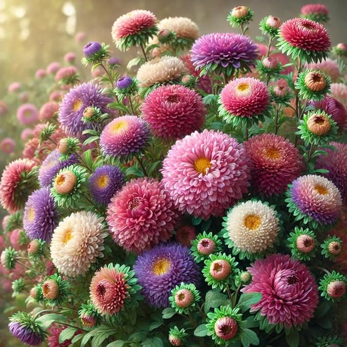 Aster Pompon Garden Mix Seeds – Callistephus Chinensis | Vibrant Double Blooms | Annual Cut Flower for Garden & Bouquets