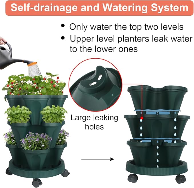 GameXcel Vertical Planter 3 Tier Stackable Planters Garden Planters Strawberry Herb Flower and Vegetable Planter Indoor Outdoor Gardening Pots with Removable Wheels and Tools