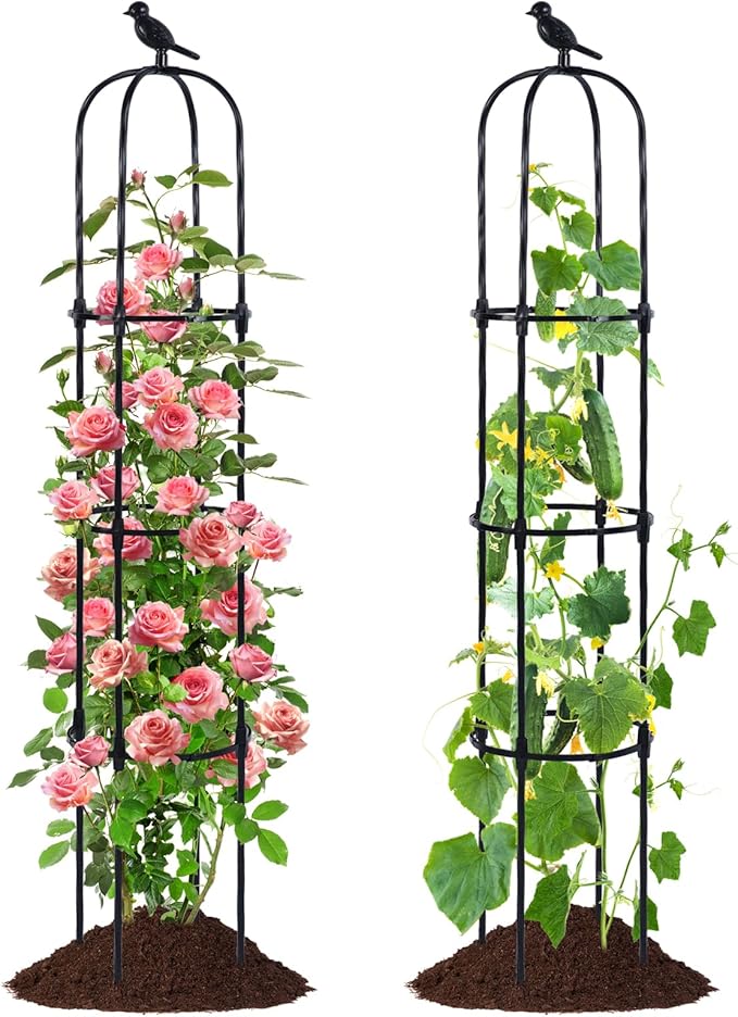 Garden Trellis Obelisk for Climbing Plants, Lightweight Metal Plant Support for Roses Clematis Vines, Rustproof Decorative Trellis for Outdoor Garden Patio Planter, Black, 2 Pack