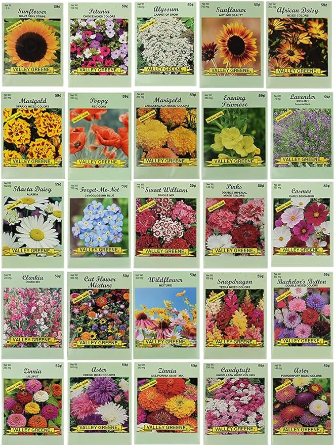Flower Seed Set - Flower Varieties of Non-GMO & Heirloom Premium Seeds for Planting - Sunflower, Marigold, Lavender, and More! (25, Set 1)