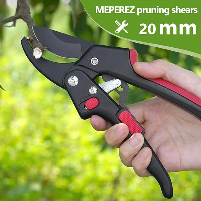 MEPEREZ Garden clippers, premium Germany pruners, Work 3 times easier, professional ratchet pruning shears, cutting rose, flower, hedge, stem, tree, Sharp gardening scissors, Arthritis weak hand snips