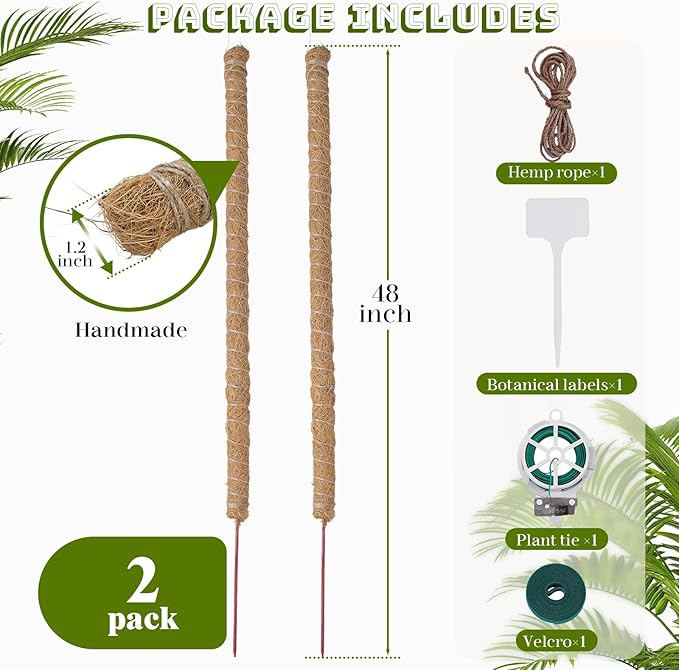 48 Inch Moss Pole, 2Pack Bendable Moss Pole for Plants Monstera, Tall Moss Poles for Climbing Plants Indoor, Large Pole Support, Garden Trellis Plant Stick Stakes for Potted Plants, Pothos