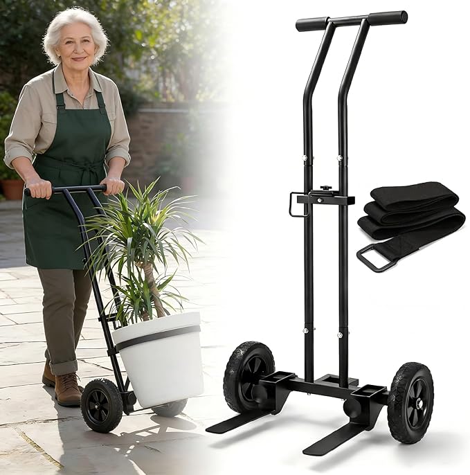 Adjustable Plant Caddy with Wheels, Heavy Duty Plant Dolly Cart w/Grab Arm and Strap Dual Protection, Garden Potted Plant Mover Dolly for Planter Flower Pots Indoor Outdoor, Supports 175lbs, Black