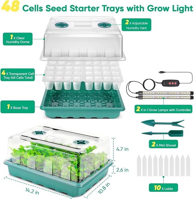 Eglotes Seed Starter Tray with Grow Light, Seed Starter Kit with Adjustable Humidity Dome, Seed Starting Trays Plant Starter Kit for Seeds Growing Starting, Indoor Gardening (1 PCS with Grow Light)